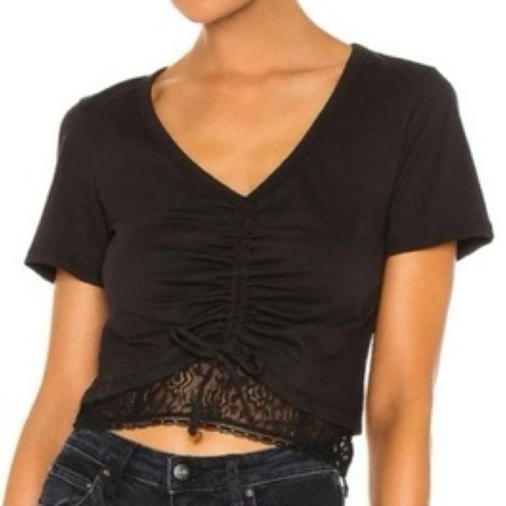 Jonathan Simkhai Standard Aida S/S Cropped T-shirt Lace Hem Drawstring Ruching - Picture 4 of 6